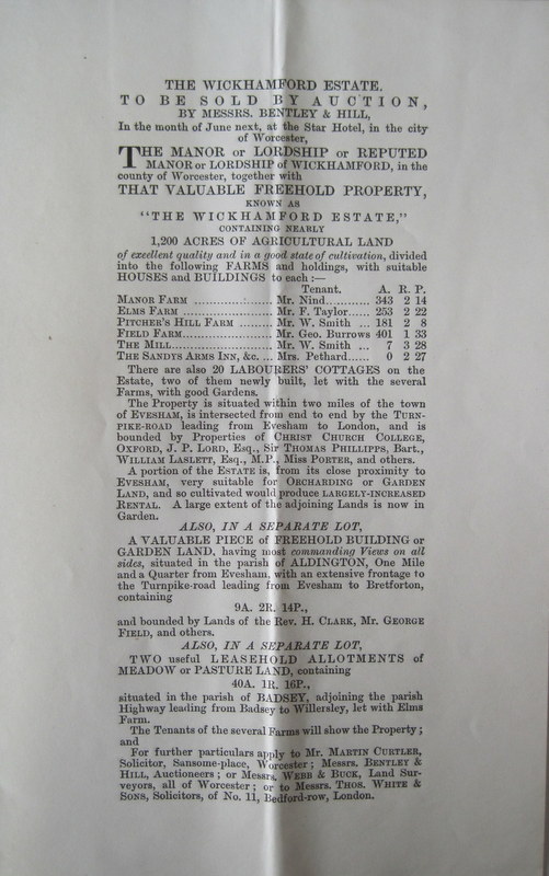 (2) Leaflet announcing the forthcoming sale of the Wickhamford Estate (mentioning 20 Labourers’ Cottages)