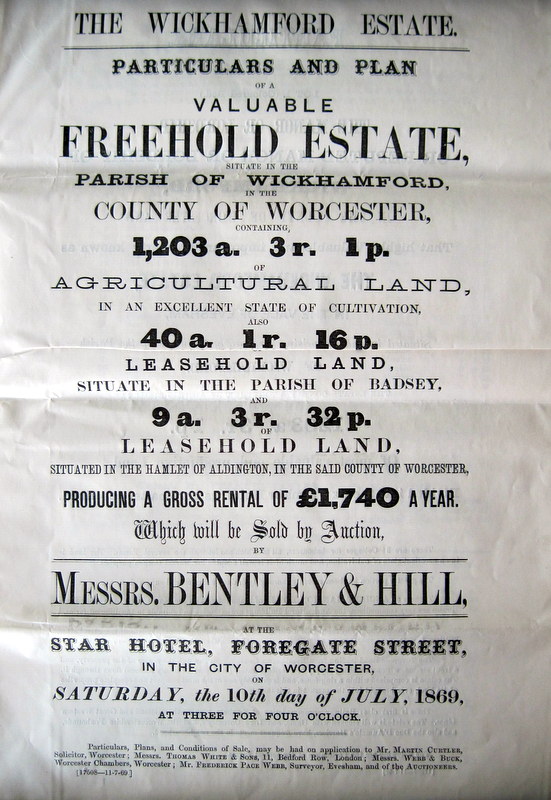 (5) Front page of the Sales document for the sale on 10th July 1869 at the Star Hotel, Worcester