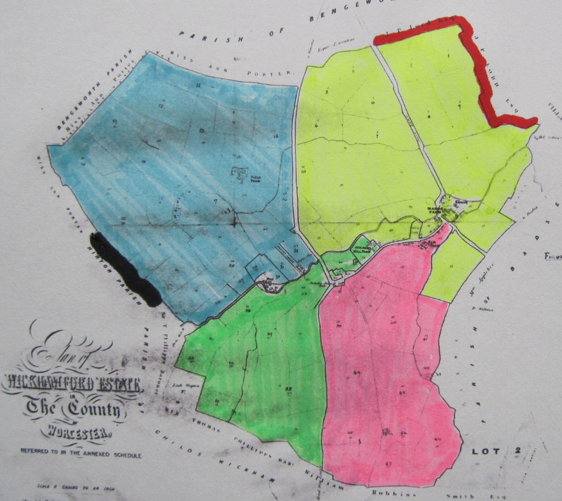 (6) The areas of the four farms:– Field Farm (blue), Pitcher’s Hill Farm (green), The Elms Farm (red) and Manor Farm (yellow).