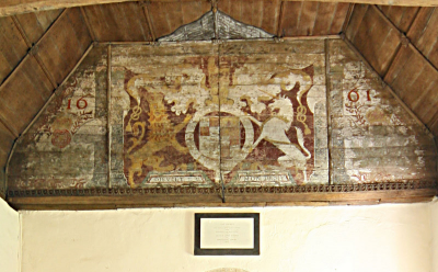 13. Royal arms dated 1661 but with monogram of James II ('I R' in the top centre).  The plaque beneath commemorates a restoration of the church in 1841 by Arthur, Lord Sandys of Ombersley Court.