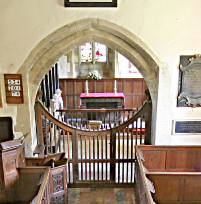 14. Chancel arch in Decorated style with 17th century oak gates.  There are no stalls in the chancel, which is typical of small churches up until the mid 19th century.