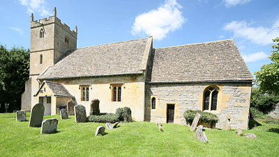 2. Wickhamford church with west tower (17th C), south porch (18th C), nave (14th C + 17th C reconstruction) and chancel of coursed Lias sandstone (13th C) with a sealed door.
