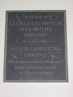 23. Wall tablet in memory of George and Helen Lees-Milne above the family box pew, across the aisle from the pulpit.
