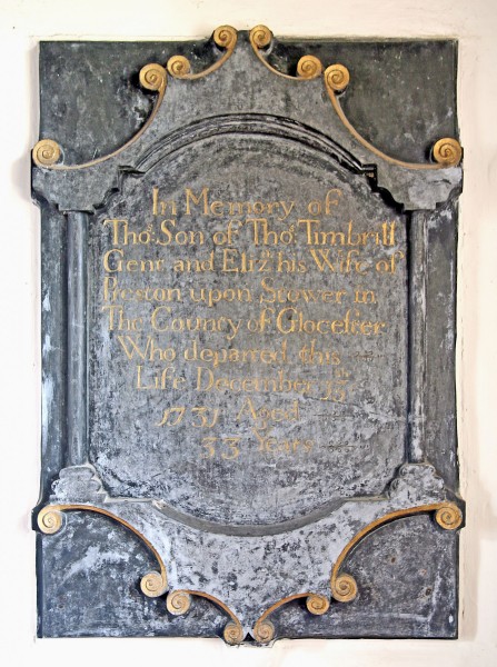 27. Memorial to Thomas Timbrill, on the wall of the box pew with the Lees-Milne plaques.