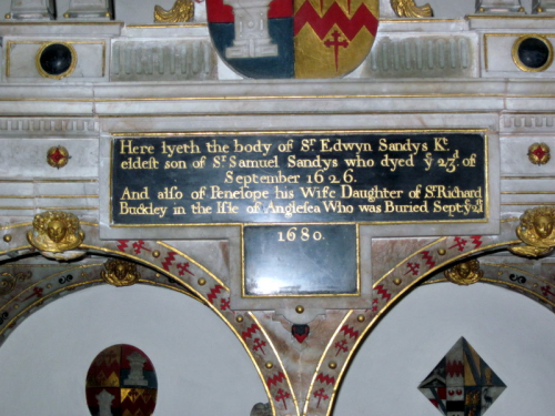 35. Sir Edwyn Sandys died on 23rd Sept. 1626 - only 21 days after his father - and Penelope buried on 21st Sept. 1680.  Again, incorrect dates, as Edwyn was buried on 9th September 1623 and Penelope on 13th September 1680.