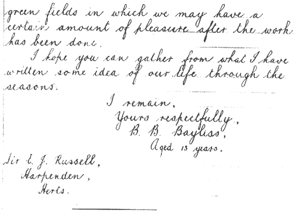 Letter written by B B Bayliss in 1933 