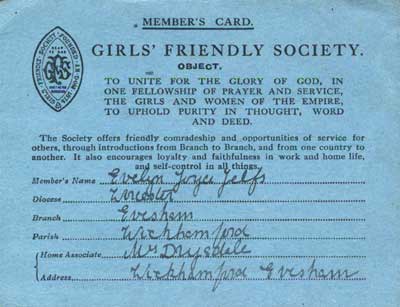 Evelyn Masters' Girls’ Friendly Society member’s card