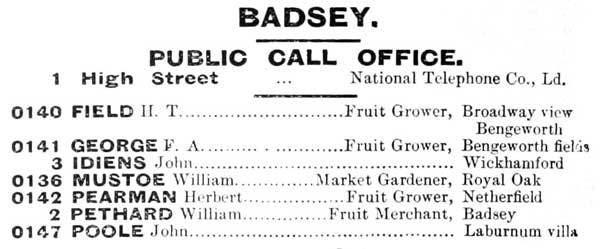 The Badsey telephone directory for 1903, and below, fruit merchant William Pethard with the phone number Badsey 2.