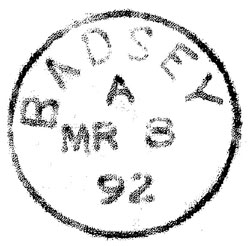 The first Badsey postmark. The stamp shows the date 8 March 1892. It was sent to Badsey the next day.