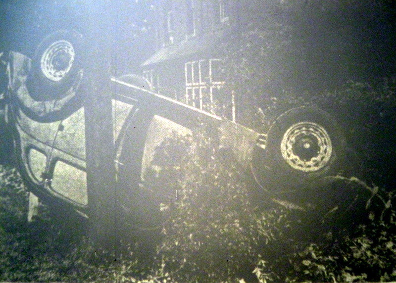 The car on its roof after the accident at the Sandys Arms on 19th September 1938