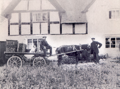 Robert Heritage is pictured here seated on the wagon, together with his younger brother Arthur, outside of Elm Cottage in about 1914.  He was living there in 1902
