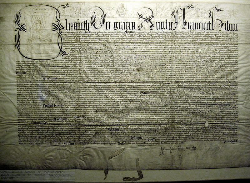 The 1562 document granting the Manor to Thomas Throckmorton by Queen Elizabeth 
