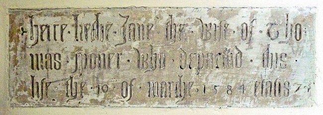 here lieth Jane the Wife of Thomas Sponer who departed this life the 10 of March 1584 etatis 74  (Memorial Tablet in Wickhamford Church)