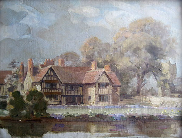 Wickhamford Manor, Spring 1927 by James Barraclough. Note the change in pattern on the right hand gable which is said to have happened in 1923. A photograph taken in 1925 shows a similar appearance.