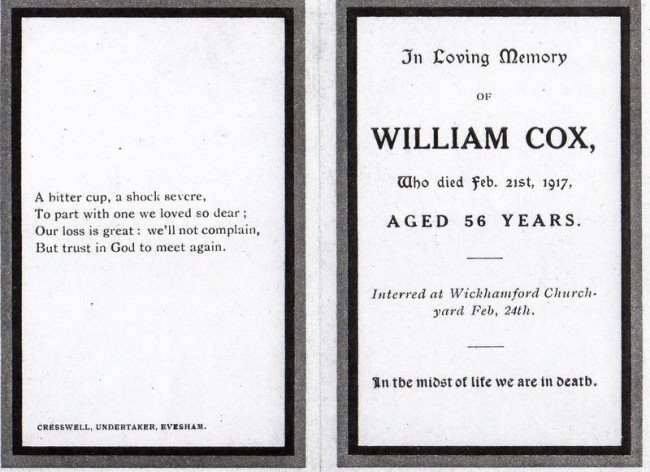 Service book for the funeral of William Cox (courtesy of Glenn F. Cox).