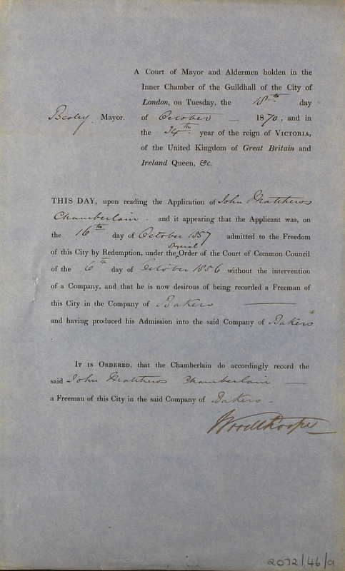 The appointment of John Matthews Chamberlain as a Freeman of the City of London in October 1857