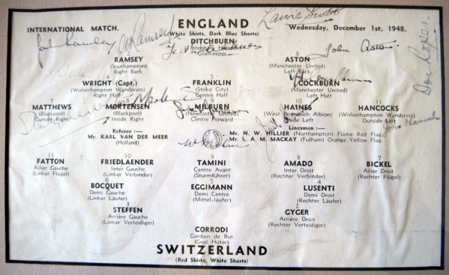 A page from the England versus Switzerland match in 1948 with the signatures of the England team, including Haines at inside left.