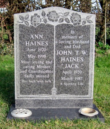 The grave of Jack and Ann Haines in Wickhamford Cemetery, with the appropriate epithet:-   ‘A Sporting Life’.