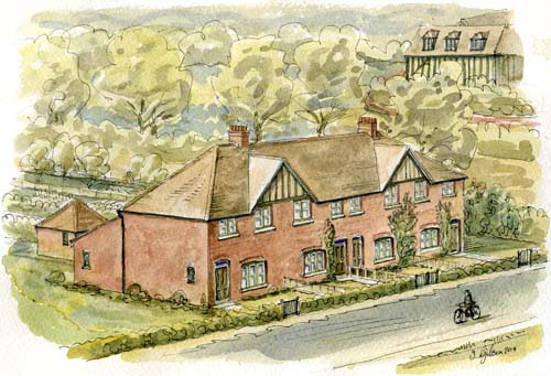 In 2014 local artist Ian Gibson painted this impression of the cottages as they may have appeared before they were demolished.