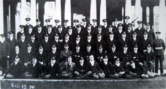Leslie Poulter’s intake at Greenwich, photographed on 18th November 1917.  He is in the back row, the third from the right.