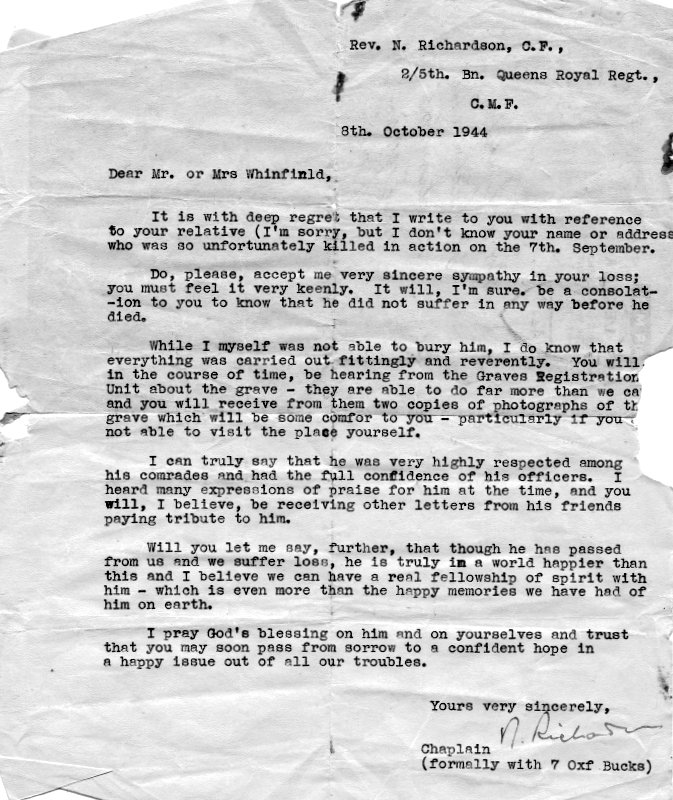 Letter to Stanley Winfield's parents