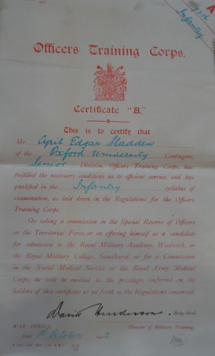 Cyril Sladden Officers Training Corps Certificate